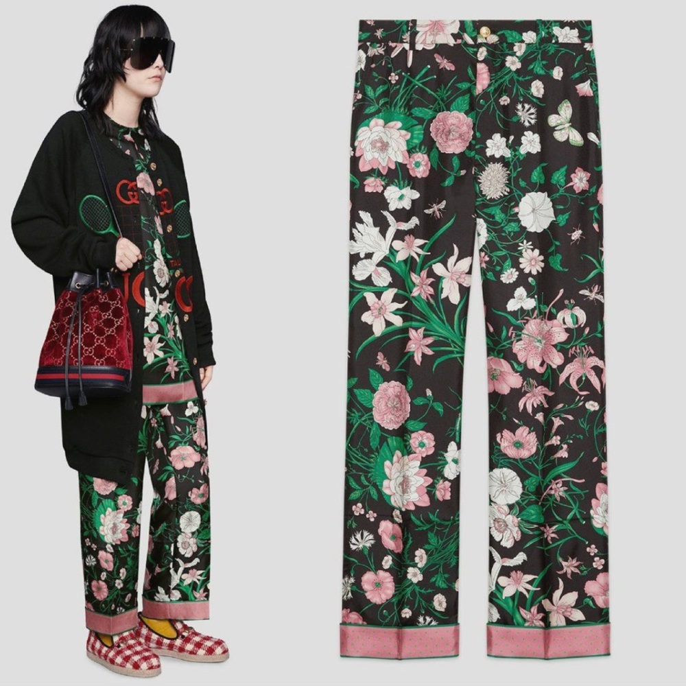 GUCCI Cuffed Flora Stars Print Silk Trouser Pants